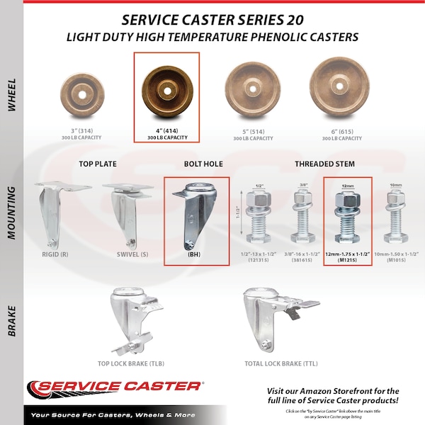 Service Caster 4 Inch High Temp Phenolic Swivel 12mm Stem Caster Total Lock Brake SCC, 2PK SCC-TSTTL20S414-PHSHT-M1215-2-S-2 - main
